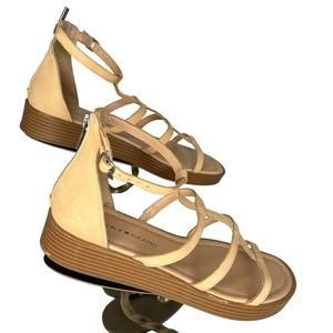 Lucky Brand Women’s “Ellian” Tan Leather Wedge  Sandals with Zippered Heel 8.5